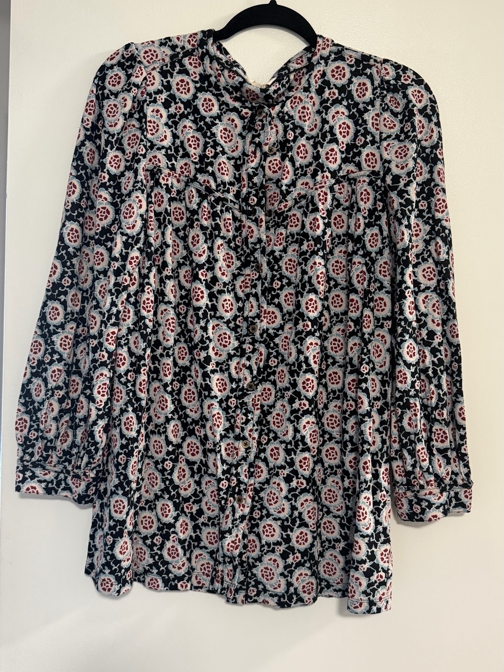 Fat Face Black Floral Tie-Neck Blouse with Red & White Motif
